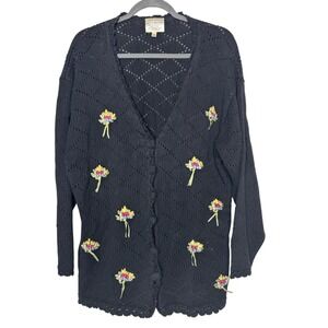 Vintage 90s Susan Bristol Hand Embroidered Sweater Cardigan Floral Spring Granny